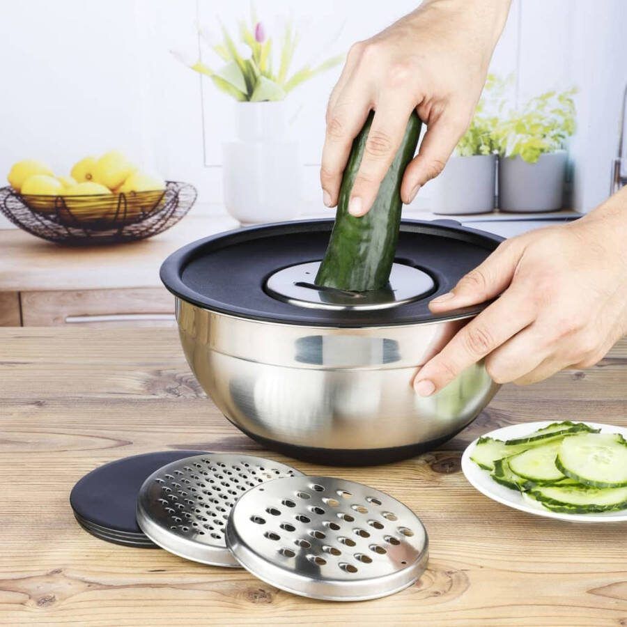 HI Saladeschaal met deksel en 3 raspen roestvrij staal